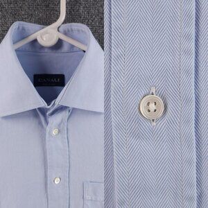 Canali Cotton 15.75 Italy Herringbone Blue Button Up Long Sleeve French Cuff
